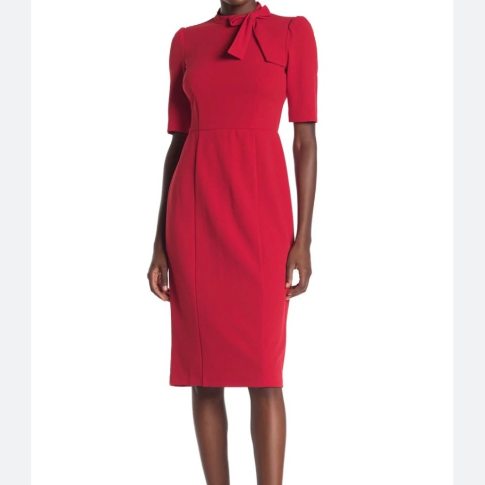 Donna Morgan Red Midi Neck Tie Sheath Dress